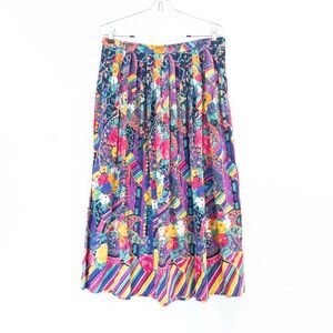 Vintage Jaeger 80's Colorful Floral Crinkle Pleated Midi Skirt Fits Medium